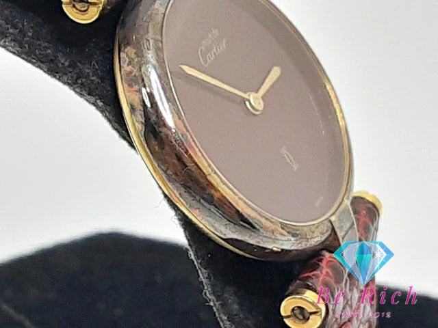 カルティエ Cartier マスト ヴァンドーム ヴェルメイユ レディース 腕時計 ボルドー SV 925 GP レザー ブレス シルバー アナログ クォーツ QZ ウォッチ 【中古】【送料無料】 bt3076