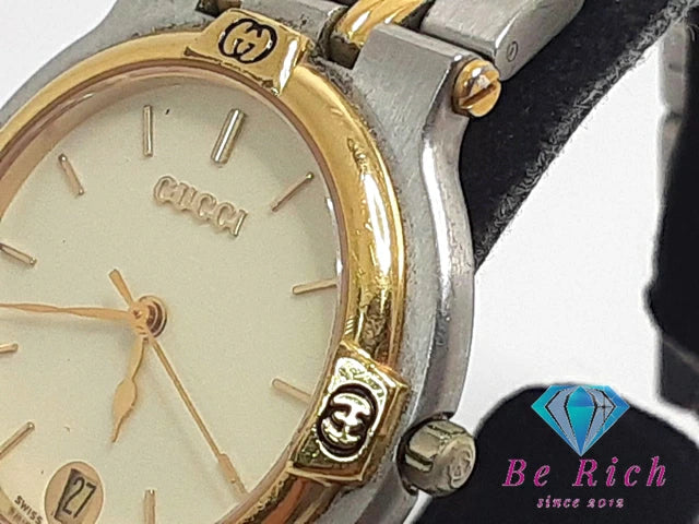 グッチ GUCCI メンズ 腕時計 デイト 9000 M 黒 アイボリー シルバー ゴールド SS ブレス アナログ クォーツ QZ ウォッチ 【中古】【送料無料】 bt3100