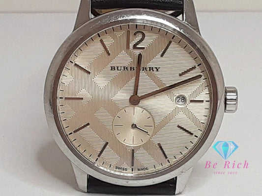 バーバリー BURBERRY BU10008 クラシック メンズ 腕時計 デイト スモセコ ラウンド シルバー ブラック 黒 SS レザー ブレス ロゴ アナログ クォーツ QZ ウォッチ 【中古】【送料無料】 bt3205