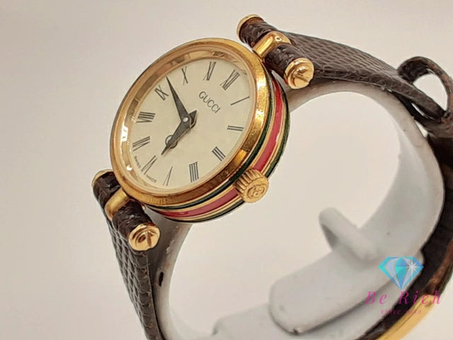 グッチ GUCCI レディース 腕時計 アイボリー ブラウン 茶 SS レザー シェリー ウェブ アナログ クォーツ QZ ウォッチ オールド ヴィンテージ アンティーク  【中古】【送料無料】 bt3224