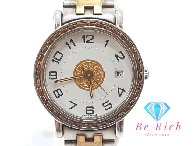 エルメス HERMES セリエ レディース 腕時計 デイト ラウンド 白 ホワイト シルバー ゴールド SS ブレス アナログ クォーツ QZ ウォッチ SERIE  【中古】【送料無料】 bt3323