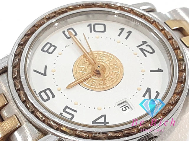 エルメス HERMES セリエ レディース 腕時計 デイト ラウンド 白 ホワイト シルバー ゴールド SS ブレス アナログ クォーツ QZ ウォッチ SERIE  【中古】【送料無料】 bt3323