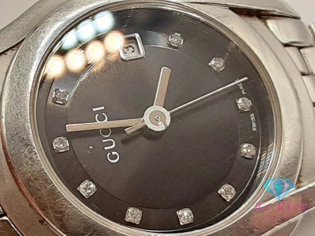 グッチ GUCCI レディース 腕時計 デイト 5500L 11P ダイヤ ラウンド 黒 ブラック シルバー SS ブレス アナログ クォーツ QZ ウォッチ 【中古】【送料無料】 bt3397