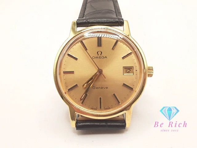 OH 外装 仕上げ 済 オメガ OMEGA ジュネーブ 手巻き メンズ 腕時計 デイト 136.0099 ゴールド ブラック 黒 SS GP レザー ブレス アナログ ウォッチ アンティーク ヴィンテージ Geneve  【中古】【送料無料】 bt3407