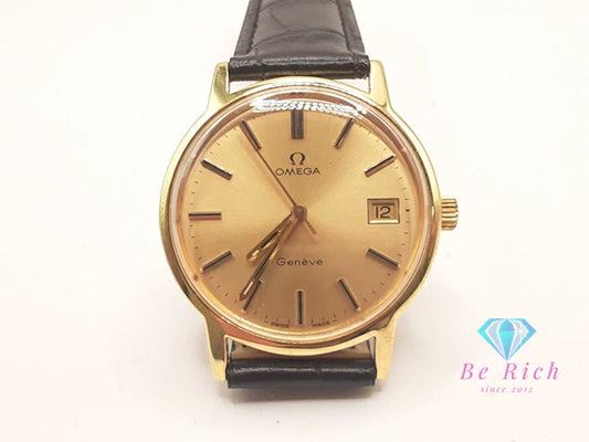 OH 外装 仕上げ 済 オメガ OMEGA ジュネーブ 手巻き メンズ 腕時計 デイト 136.0099 ゴールド ブラック 黒 SS GP レザー ブレス アナログ ウォッチ アンティーク ヴィンテージ Geneve  【中古】【送料無料】 bt3407