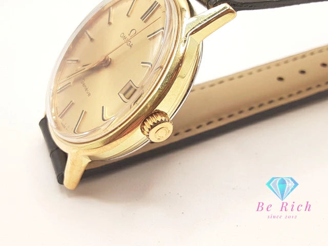 OH 外装 仕上げ 済 オメガ OMEGA ジュネーブ 手巻き メンズ 腕時計 デイト 136.0099 ゴールド ブラック 黒 SS GP レザー ブレス アナログ ウォッチ アンティーク ヴィンテージ Geneve  【中古】【送料無料】 bt3407