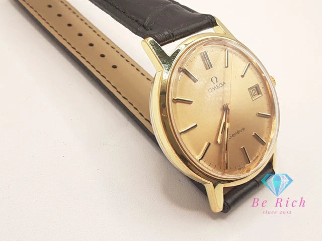OH 外装 仕上げ 済 オメガ OMEGA ジュネーブ 手巻き メンズ 腕時計 デイト 136.0099 ゴールド ブラック 黒 SS GP レザー ブレス アナログ ウォッチ アンティーク ヴィンテージ Geneve  【中古】【送料無料】 bt3407