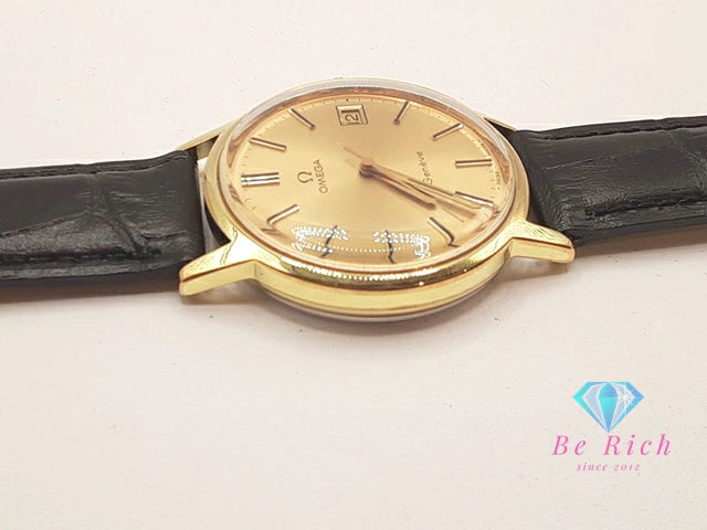 OH 外装 仕上げ 済 オメガ OMEGA ジュネーブ 手巻き メンズ 腕時計 デイト 136.0099 ゴールド ブラック 黒 SS GP レザー ブレス アナログ ウォッチ アンティーク ヴィンテージ Geneve  【中古】【送料無料】 bt3407