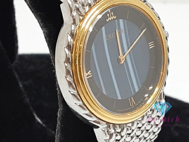 セイコー クレドール SEIKO CREDOR K18KT ベゼル ブルー メノウ ダイヤル レディース 腕時計 5A70-0260 黒 ブラック シルバー SS ブレス クォーツ QZ アナログ ウォッチ 18金 YG 服部 HATTORI  【中古】【送料無料】 bt3422