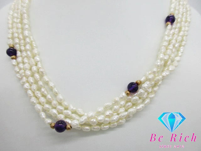 淡水 パール 真珠 3mm - 5mm 珠 5連 デザイン ロング ネックレス ペンダント シルバー カラーストーン ジュエリー アクセサリー パーティ フォーマル 【中古】【送料無料】dgs3496