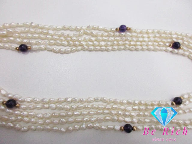 淡水 パール 真珠 3mm - 5mm 珠 5連 デザイン ロング ネックレス ペンダント シルバー カラーストーン ジュエリー アクセサリー パーティ フォーマル 【中古】【送料無料】dgs3496