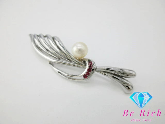 SILVER パール 真珠 8mm 珠 ルビー 付 デザイン ブローチ シルバー SILVER 宝石 ジュエリー アクセサリー 小物 【中古】【送料無料】 dgs3998