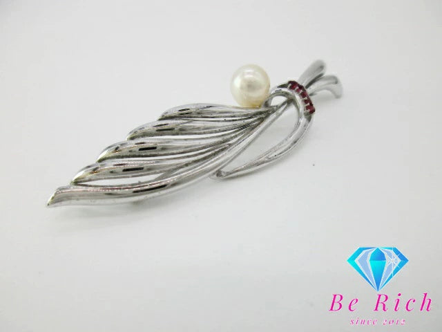 SILVER パール 真珠 8mm 珠 ルビー 付 デザイン ブローチ シルバー SILVER 宝石 ジュエリー アクセサリー 小物 【中古】【送料無料】 dgs3998