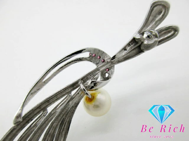 SILVER パール 真珠 8mm 珠 ルビー 付 デザイン ブローチ シルバー SILVER 宝石 ジュエリー アクセサリー 小物 【中古】【送料無料】 dgs3998