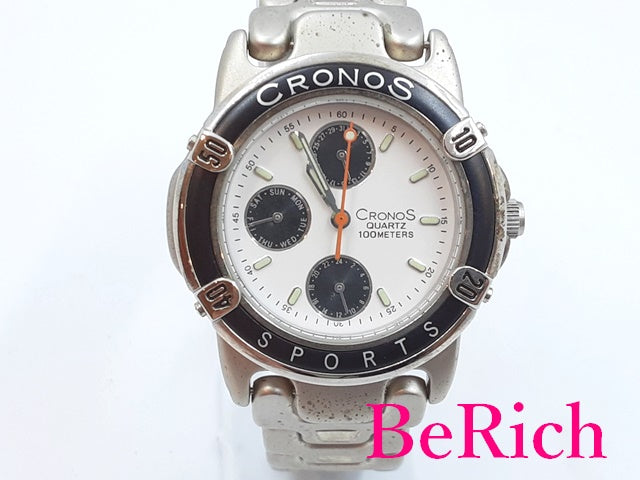 クロノス CRONOS メンズ 腕時計 白 ホワイト 文字盤 SS ブレス アナログ クォーツ QZ ウォッチ トリプル カレンダー  【中古】【送料無料】 ht4430