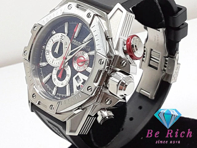 美品 ロベルト カヴァリ バイ フランクミュラー Roberto Cavalli BY FRANCK MULLER クロノグラフ メンズ 腕時計 デイト RV1G057P0031 黒 ブラック SS ラバー ブレス アナログ クォーツ QZ ウォッチ  【中古】【送料無料】 ht4964