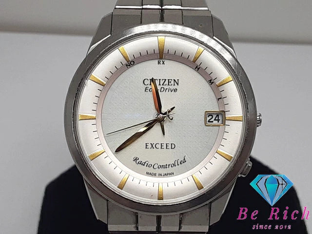 シチズン CITIZEN エクシード エコ ドライブ メンズ 腕時計 デイト H113-T009239 白 ホワイト シルバー 電波 ソーラー アナログ クォーツ QZ ウォッチ EXCEED Eco-Drive 【中古】【送料無料】 ht5058