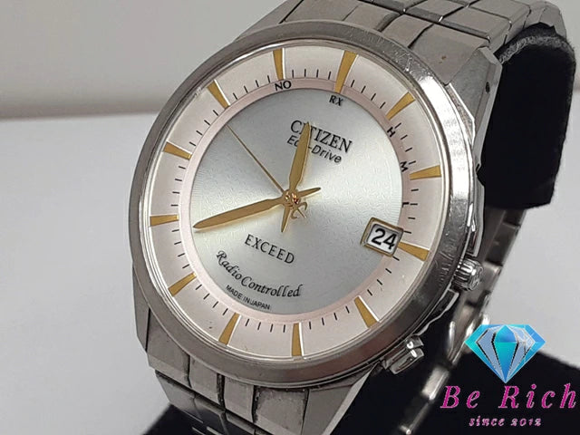 シチズン CITIZEN エクシード エコ ドライブ メンズ 腕時計 デイト H113-T009239 白 ホワイト シルバー 電波 ソーラー アナログ クォーツ QZ ウォッチ EXCEED Eco-Drive 【中古】【送料無料】 ht5058