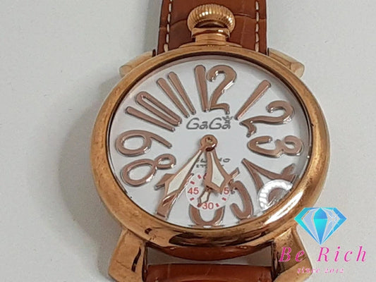 ガガミラノ GAGA MILANO マヌアーレ 48 手巻き メンズ 腕時計 5011 白 ホワイト ピンクゴールド SS レザー ブレス スモセコ 裏スケ アナログ ウォッチ  【中古】【送料無料】 ht5294
