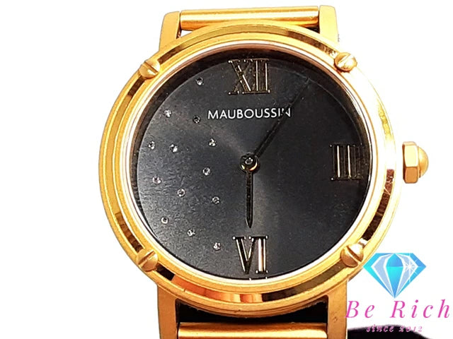 モーブッサン MAUBOUSSIN ルヴァンディカシオン 33mm 腕時計 9476103-700 13P ダイヤ 黒 ブラック ゴールド SS GP メッシュ ブレス アナログ クォーツ QZ ウォッチ ボーイズ REVENDICATION 【中古】【送料無料】 ht5299