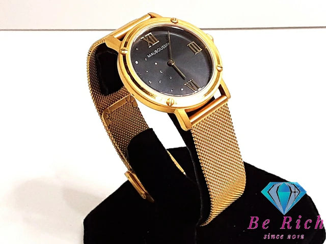 モーブッサン MAUBOUSSIN ルヴァンディカシオン 33mm 腕時計 9476103-700 13P ダイヤ 黒 ブラック ゴールド SS GP メッシュ ブレス アナログ クォーツ QZ ウォッチ ボーイズ REVENDICATION 【中古】【送料無料】 ht5299