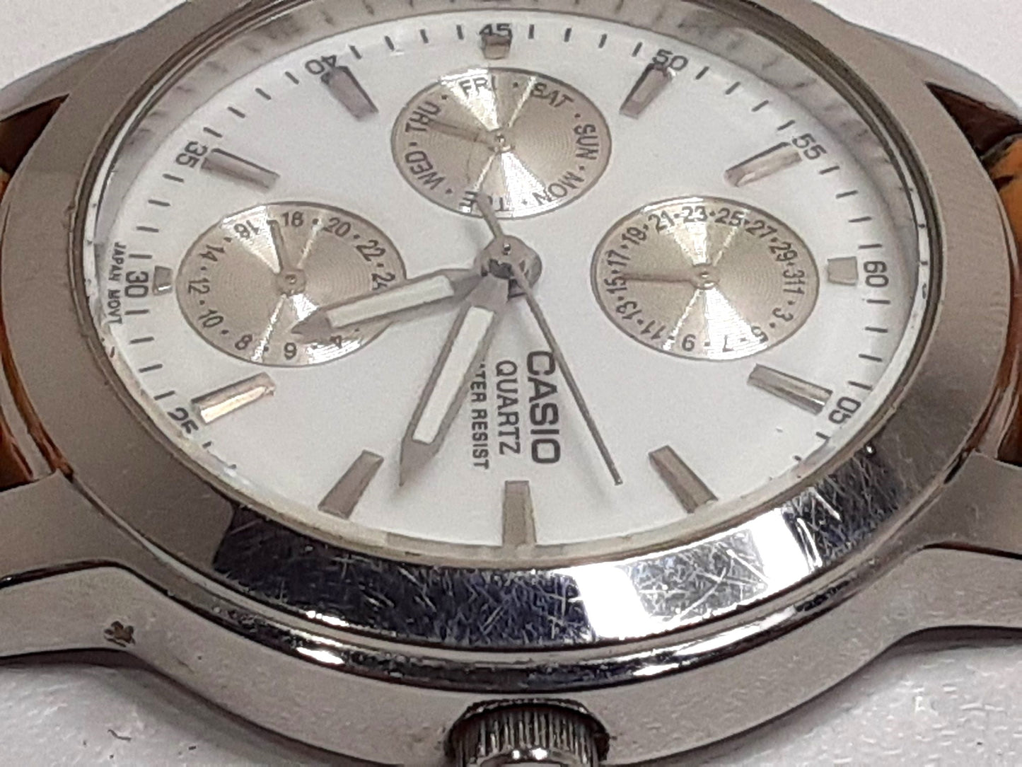 カシオ CASIO メンズ 腕時計 デイデイト トリプル カレンダー MTP-1192 白 茶 ホワイト ブラウン SS レザー ブレス アナログ クォーツ QZ ウォッチ 【中古】【送料無料】 ht5338