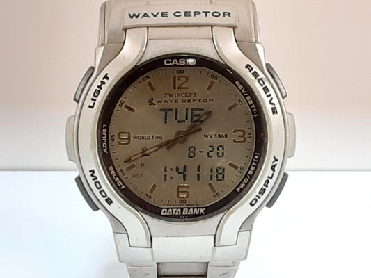 カシオ CASIO ウェーブセプター データ バンク 電波 メンズ腕時計 WVA-200 グレー シルバー SS ブレス アナデジ アナログ デジタル クォーツ QZ ウォッチ WAVE CEPTOR DETA BANK 【中古】【送料無料】 ht5354