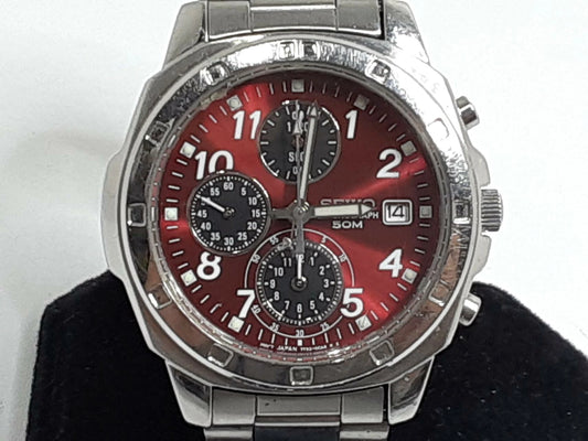 セイコー SEIKO クロノグラフ メンズ 腕時計 デイト 7T92-0LA0 ボルドー シルバー SS ブレス アナログ クォーツ QZ ウォッチ 【中古】【送料無料】 ht5384