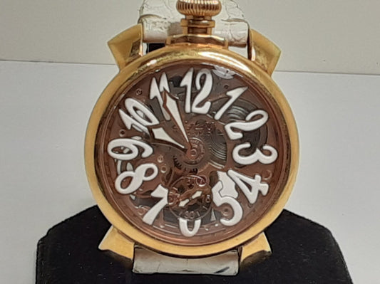 ガガミラノ GAGA MILANO マヌアーレ 48 MM 手巻き メンズ 腕時計 5311-01 スケルトン 白 ホワイト SS GP レザー ブレス アナログ ウォッチ  【中古】【送料無料】 ht5403