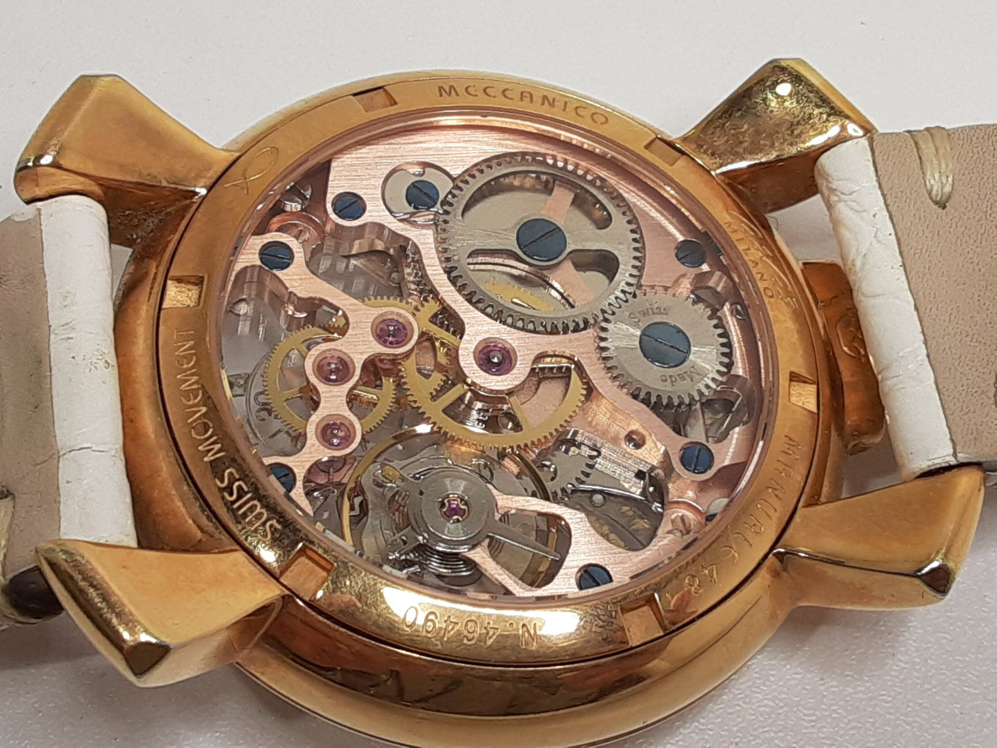 ガガミラノ GAGA MILANO マヌアーレ 48 MM 手巻き メンズ 腕時計 5311-01 スケルトン 白 ホワイト SS GP レザー ブレス アナログ ウォッチ  【中古】【送料無料】 ht5403