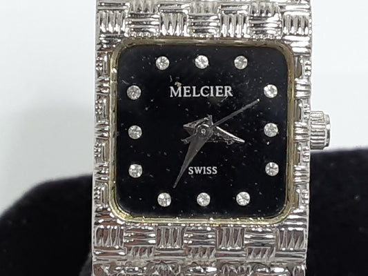 メルシェ MELCIER 腕時計 スクエア 黒 ブラック シルバー SS 一体 ブレス アナログ クォーツ QZ ウォッチ メンズ レディース ボーイズ 【中古】【送料無料】 ht5436