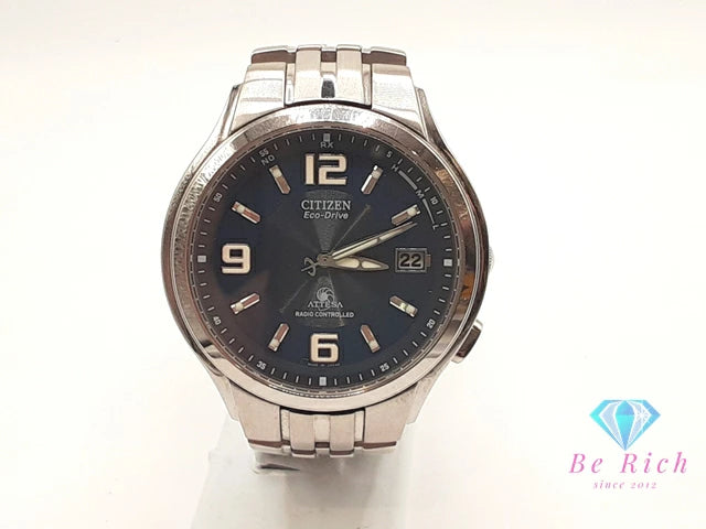 シチズン CITIZEN アテッサ エコ ドライブ 電波 ソーラー メンズ 腕時計 デイト H415-T008631 紺 ネイビー シルバー チタン チタニウム ブレス アナログ クォーツ QZ ウォッチ Eco Drive ATTESA  【中古】【送料無料】 ht5468