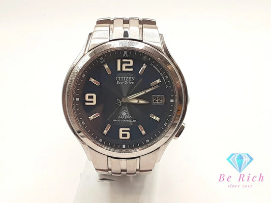 シチズン CITIZEN アテッサ エコ ドライブ 電波 ソーラー メンズ 腕時計 デイト H415-T008631 紺 ネイビー シルバー チタン チタニウム ブレス アナログ クォーツ QZ ウォッチ Eco Drive ATTESA  【中古】【送料無料】 ht5468