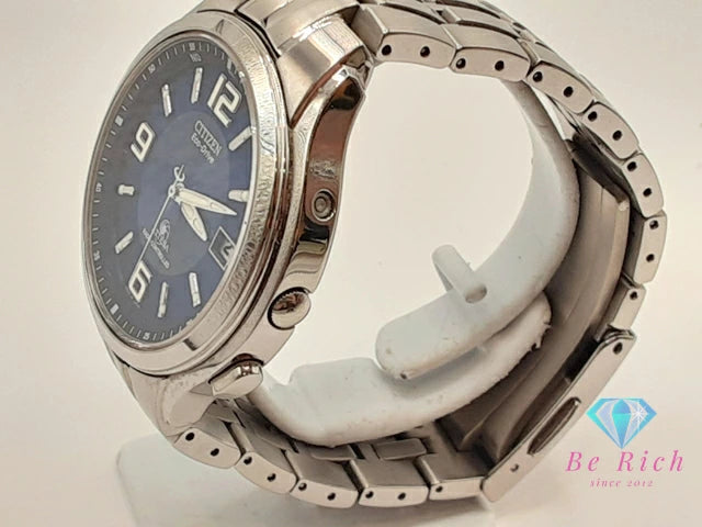 シチズン CITIZEN アテッサ エコ ドライブ 電波 ソーラー メンズ 腕時計 デイト H415-T008631 紺 ネイビー シルバー チタン チタニウム ブレス アナログ クォーツ QZ ウォッチ Eco Drive ATTESA  【中古】【送料無料】 ht5468