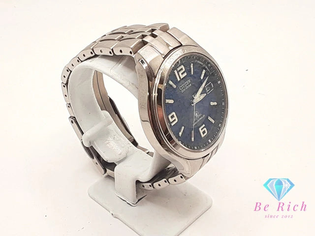 シチズン CITIZEN アテッサ エコ ドライブ 電波 ソーラー メンズ 腕時計 デイト H415-T008631 紺 ネイビー シルバー チタン チタニウム ブレス アナログ クォーツ QZ ウォッチ Eco Drive ATTESA  【中古】【送料無料】 ht5468