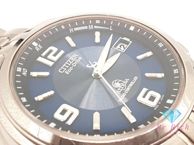 シチズン CITIZEN アテッサ エコ ドライブ 電波 ソーラー メンズ 腕時計 デイト H415-T008631 紺 ネイビー シルバー チタン チタニウム ブレス アナログ クォーツ QZ ウォッチ Eco Drive ATTESA  【中古】【送料無料】 ht5468