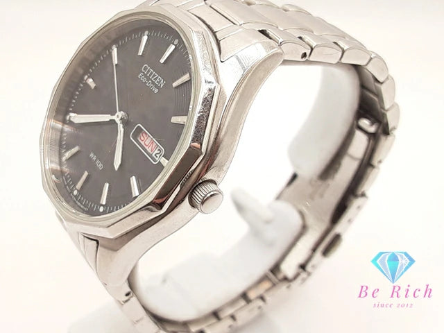 シチズン CITIZEN エコ ドライブ メンズ 腕時計 デイデイト E101-S053412 ソーラー 黒 ブラック シルバー SS ブレス アナログ クォーツ QZ ウォッチ Eco Drive  【中古】【送料無料】 ht5458