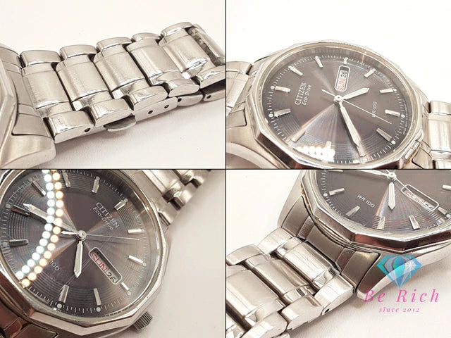 シチズン CITIZEN エコ ドライブ メンズ 腕時計 デイデイト E101-S053412 ソーラー 黒 ブラック シルバー SS ブレス アナログ クォーツ QZ ウォッチ Eco Drive  【中古】【送料無料】 ht5458