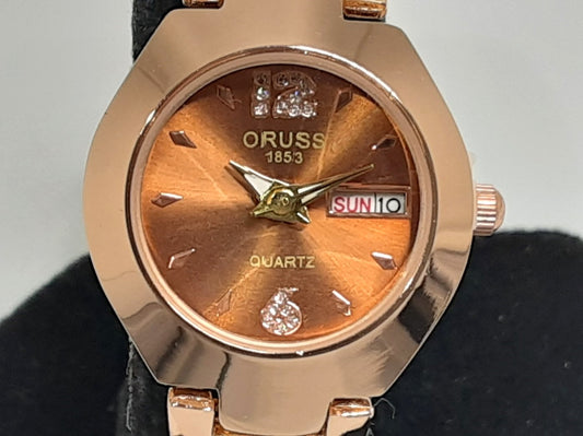 ORUSS レディース 腕時計 デイデイト ブロンズ ゴールド SS GP ブレス アナログ クォーツ QZ ウォッチ  【中古】【送料無料】 ht5496