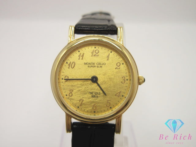 モンテ セリオ MONTE CELIO FINE GOLD 999.9 金張り ゴールド 文字盤 MC-1005 レディース 腕時計 ラウンド SS GP レザー ブレス アナログ クォーツ QZ ウォッチ  【中古】【送料無料】 ht5503