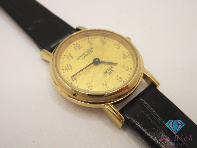 モンテ セリオ MONTE CELIO FINE GOLD 999.9 金張り ゴールド 文字盤 MC-1005 レディース 腕時計 ラウンド SS GP レザー ブレス アナログ クォーツ QZ ウォッチ  【中古】【送料無料】 ht5503