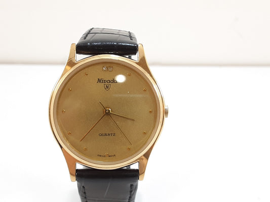 ニバダ Nivada ユニセックス ボーイズ 腕時計 N-94091M ゴールド ブラック 黒 SS レザー ブレス アナログ クォーツ QZ ウォッチ メンズ レディース 【中古】【送料無料】 ht5523