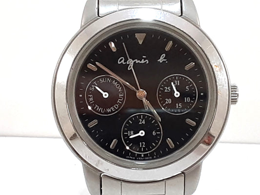 アニエスベー agnes b. レディース 腕時計 デイデイト V33J-0010 黒 ブラック シルバー SS ブレス アナログ クォーツ QZ ウォッチ  【中古】【送料無料】 ht5538