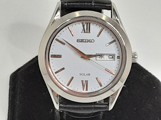 セイコー SEIKO ソーラー メンズ 腕時計 デイデイト V158-0BA0 白 ホワイト ブラック 黒 SS レザー ブレス アナログ クォーツ QZ  ウォッチ  【中古】【送料無料】 ht5549