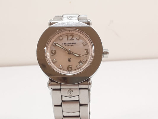 シャリオール CHARRIOL コロンブス 8P ダイヤ レディース 腕時計 デイト CCR30.1 ラウンド ピンク シェル シルバー SS ブレス アナログ クォーツ QZ ウォッチ COLVMBUS  【中古】【送料無料】 ht5554