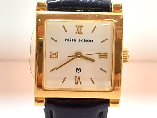 ミラショーン mira schon レディース 腕時計 スクエア 白 黒 ホワイト ブラック SS GP レザー アナログ クォーツ QZ ウォッチ 【中古】【送料無料】 ht5575