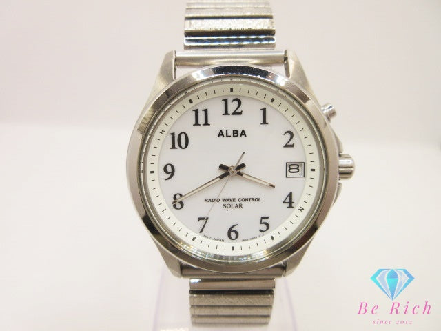 セイコー SEIKO ALBA アルバ 電波 ソーラー デイト 7B52-0AT0 メンズ 腕時計 白 ホワイト シルバー SS ブレス アナログ クォーツ QZ ウォッチ   【中古】【送料無料】 ht5946