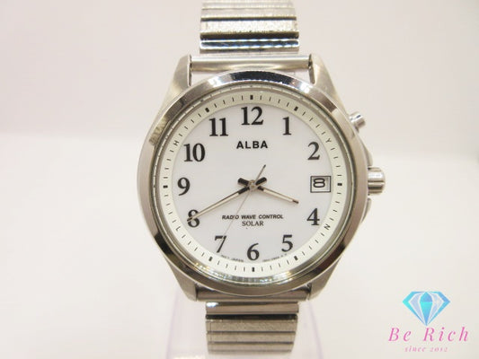セイコー SEIKO ALBA アルバ 電波 ソーラー デイト 7B52-0AT0 メンズ 腕時計 白 ホワイト シルバー SS ブレス アナログ クォーツ QZ ウォッチ   【中古】【送料無料】 ht5946
