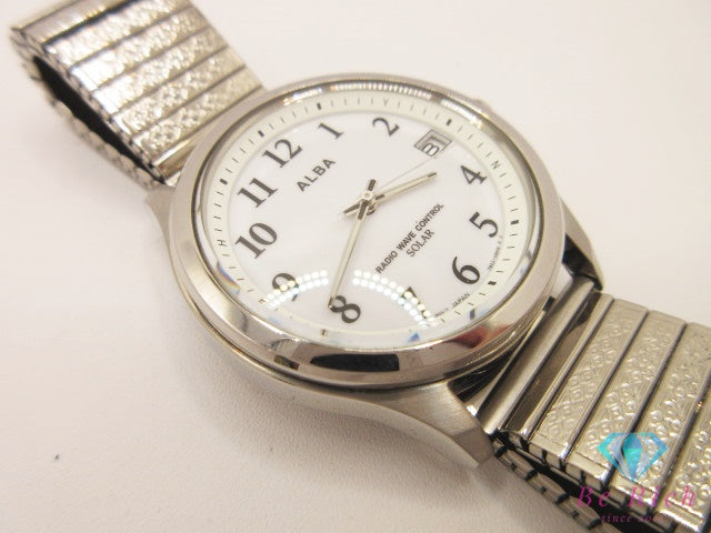 セイコー SEIKO ALBA アルバ 電波 ソーラー デイト 7B52-0AT0 メンズ 腕時計 白 ホワイト シルバー SS ブレス アナログ クォーツ QZ ウォッチ   【中古】【送料無料】 ht5946