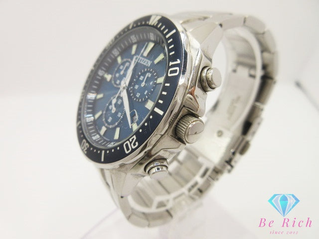 シチズン CITIZEN エコドライブ クロノグラフ デイト VO10-6772F メンズ 腕時計 青 ブルー SS ブレス アナログ クォーツ QZ ウォッチ 【中古】【送料無料】 ht6059